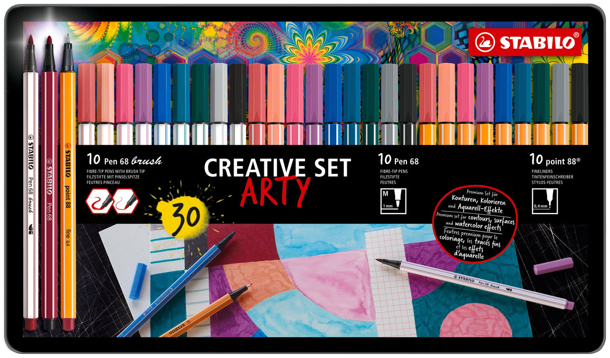 Stabilo Pen 68 x 10 culori, Point 88 x 10 culori, Pen 68 Brush x 10 culori, 30 bucati / set, etui carton Arty