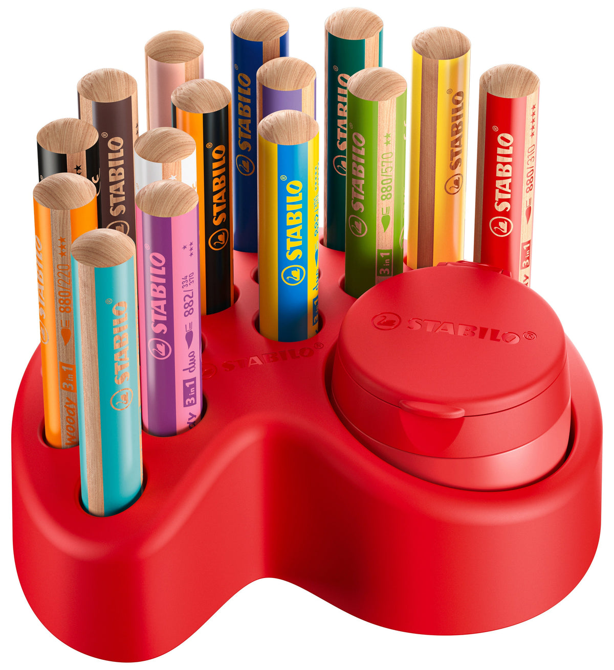 Creioane colorate Stabilo woody 3 in 1, 10 mm, 15 culori / set, ascutitoare, suport pentru birou