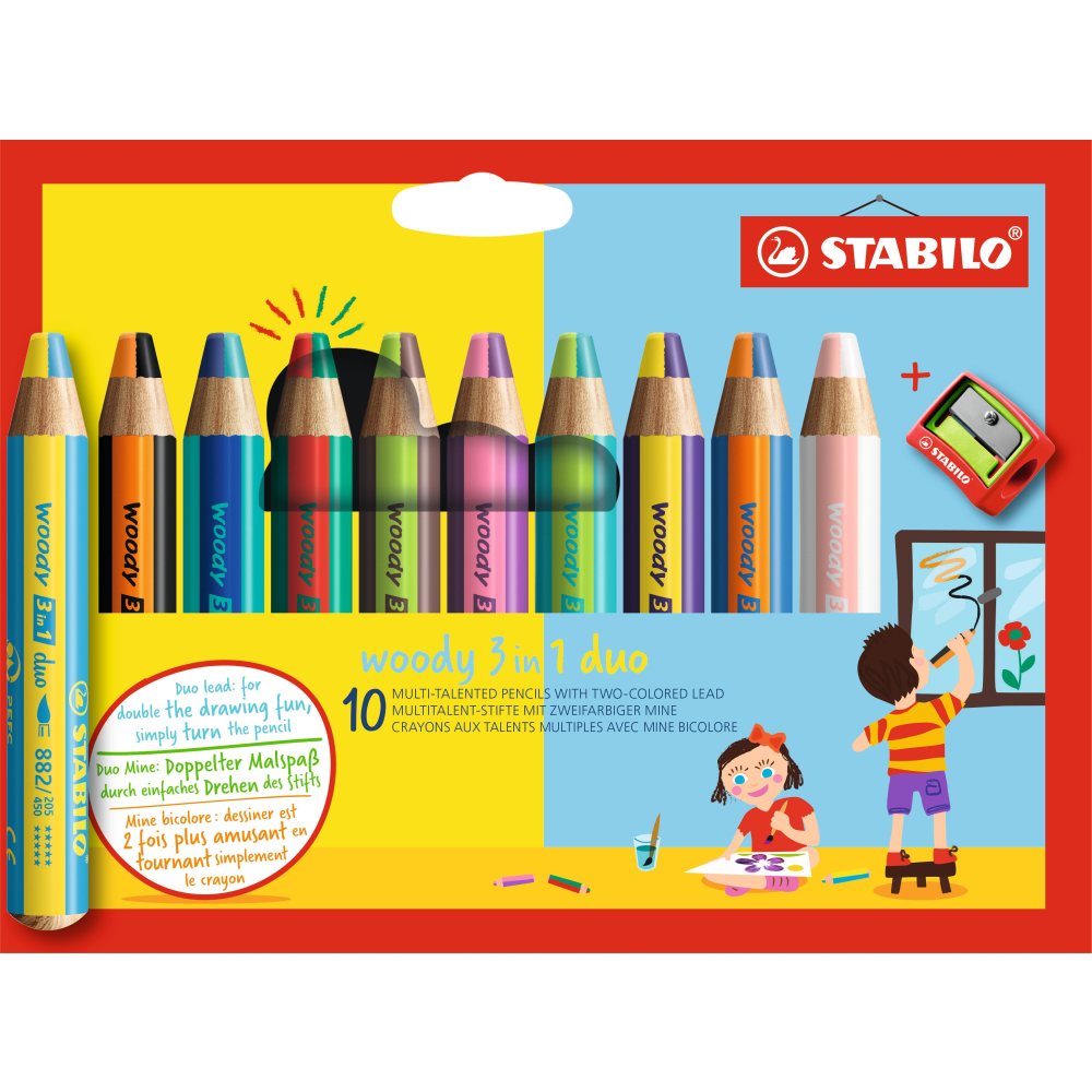 Creioane colorate Stabilo woody 3 in 1 duo, 10 mm, 10 bucati / set, ascutitoare, etui carton