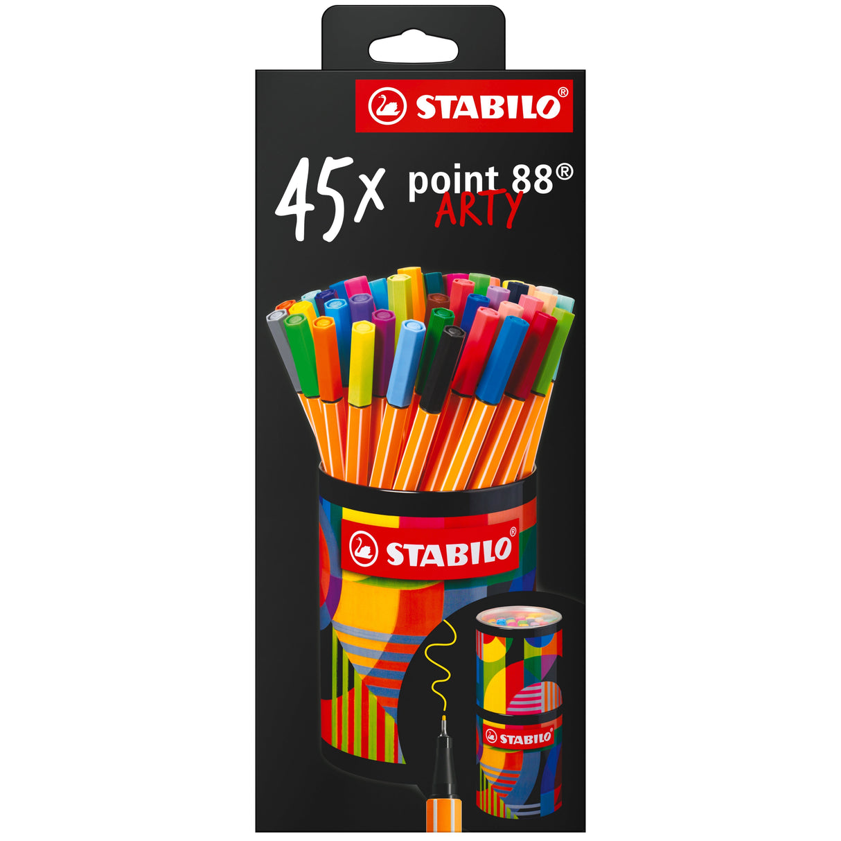 Fineliner Stabilo Point 88, 0.4 mm, 45 culori / set, suport pahar metalica