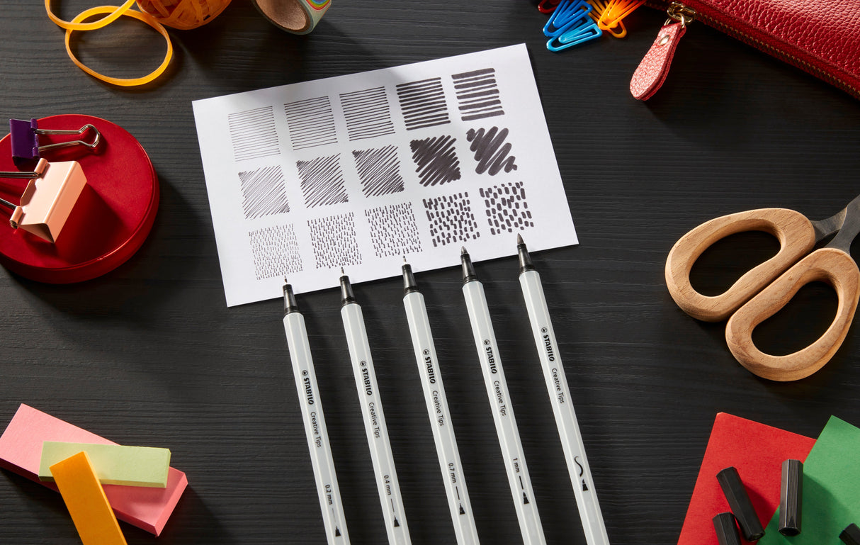 Stabilo Creative Tips, 2 culori x 0.2, 0.4, 0.7, 1 mm, brush, 10 bucati / set, negru, gri, etui carton Arty