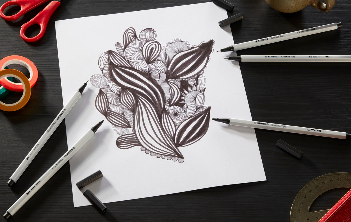 Stabilo Creative Tips, 2 culori x 0.2, 0.4, 0.7, 1 mm, brush, 10 bucati / set, negru, gri, etui carton Arty