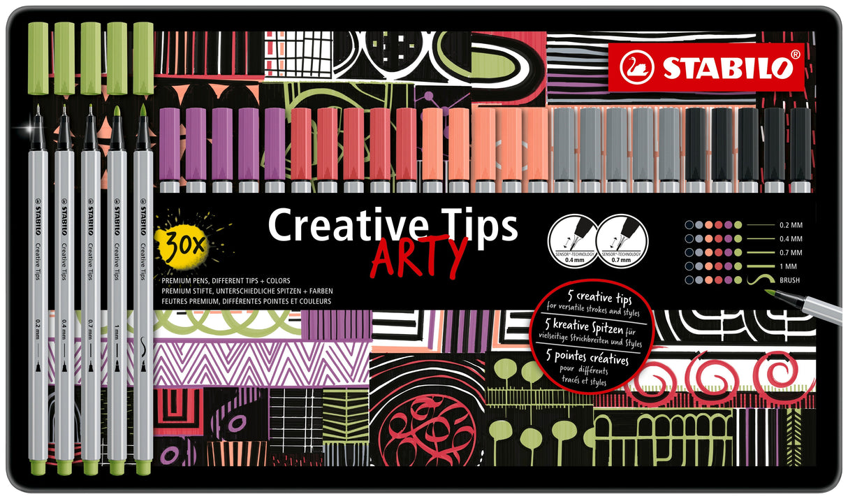 Stabilo Creative Tips, 6 culori mix  2 x 0.2, 0.4, 0.7, 1 mm, brush, 30 bucati / set, cutie metalica Arty