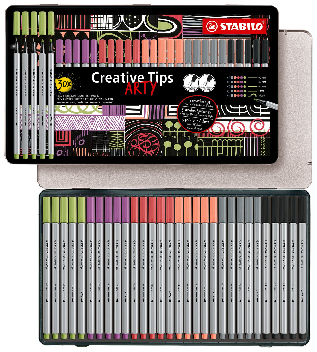 Stabilo Creative Tips, 6 culori mix  2 x 0.2, 0.4, 0.7, 1 mm, brush, 30 bucati / set, cutie metalica Arty