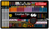 Stabilo Creative Tips, 10 culori x 0.2, 0.4, 0.7, 1 mm, brush, 50 bucati / set, cutie metalica Arty