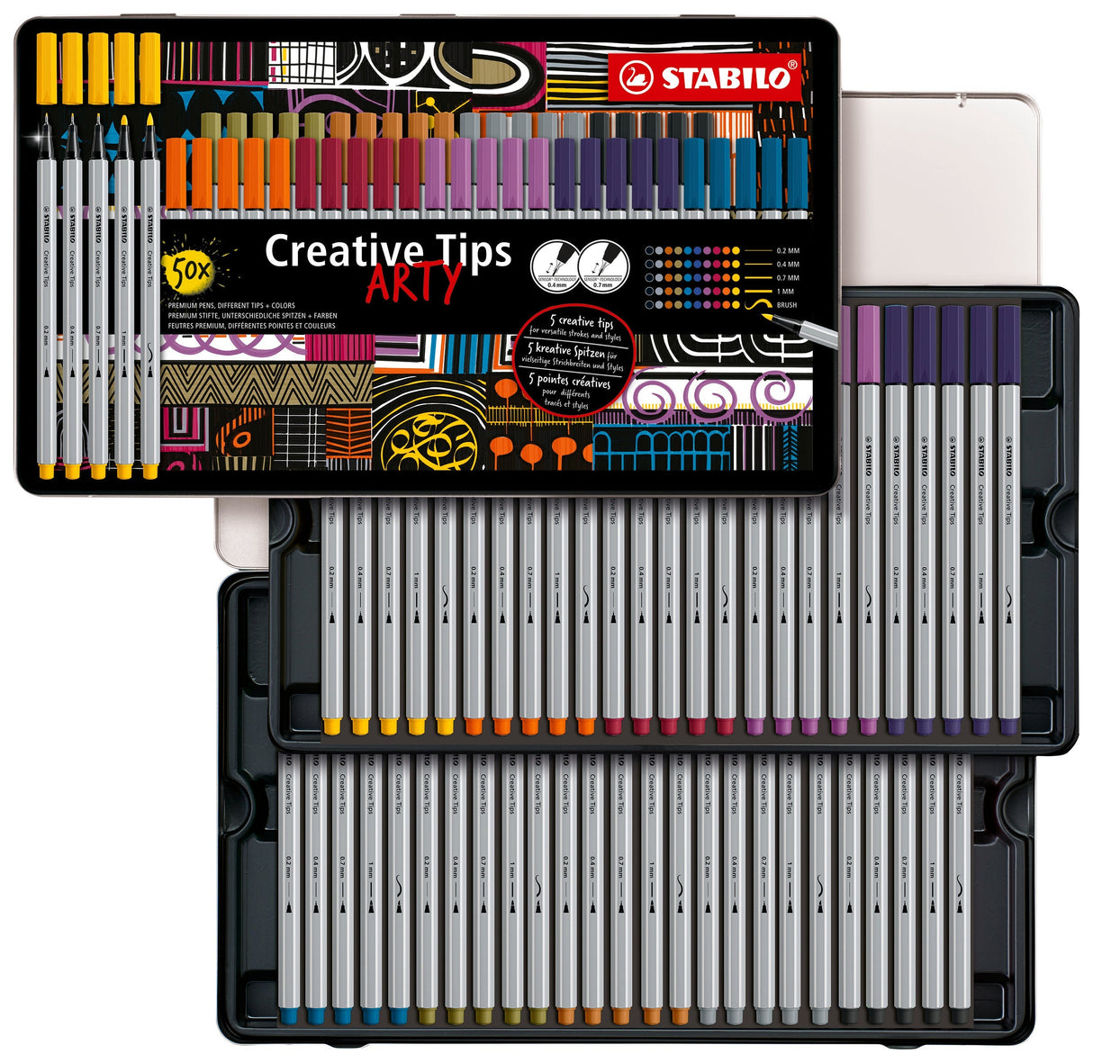 Stabilo Creative Tips, 10 culori x 0.2, 0.4, 0.7, 1 mm, brush, 50 bucati / set, cutie metalica Arty