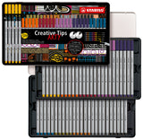 Stabilo Creative Tips, 10 culori x 0.2, 0.4, 0.7, 1 mm, brush, 50 bucati / set, cutie metalica Arty
