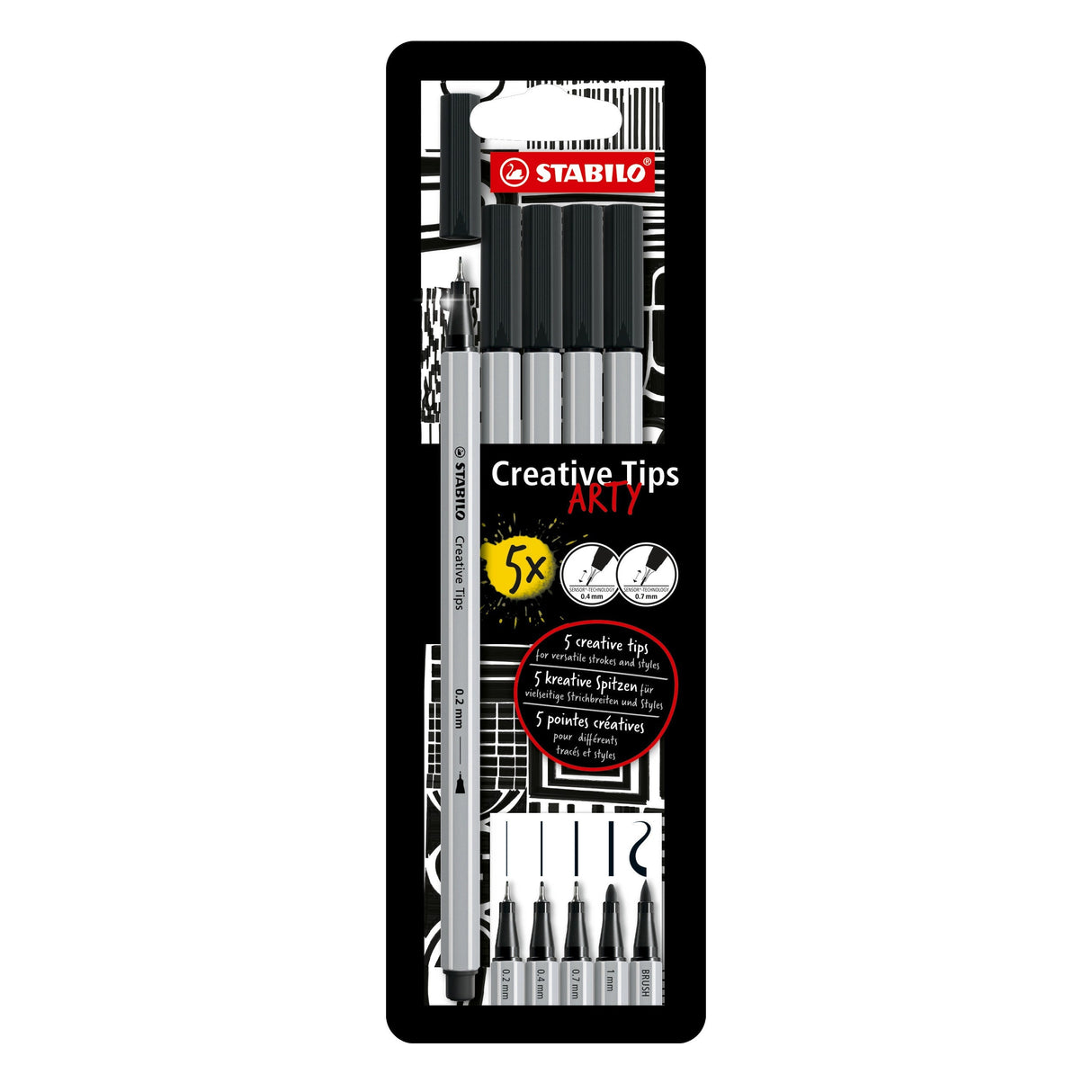 Stabilo Creative Tips, 0.2, 0.4, 0.7, 1 mm, brush 5 bucati / set, negru, etui carton Arty