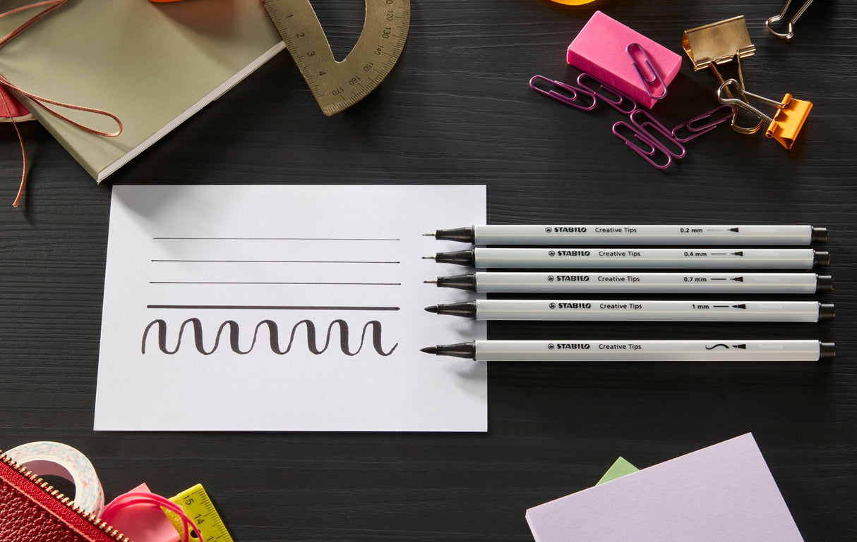 Stabilo Creative Tips, 0.2, 0.4, 0.7, 1 mm, brush 5 bucati / set, negru, etui carton Arty