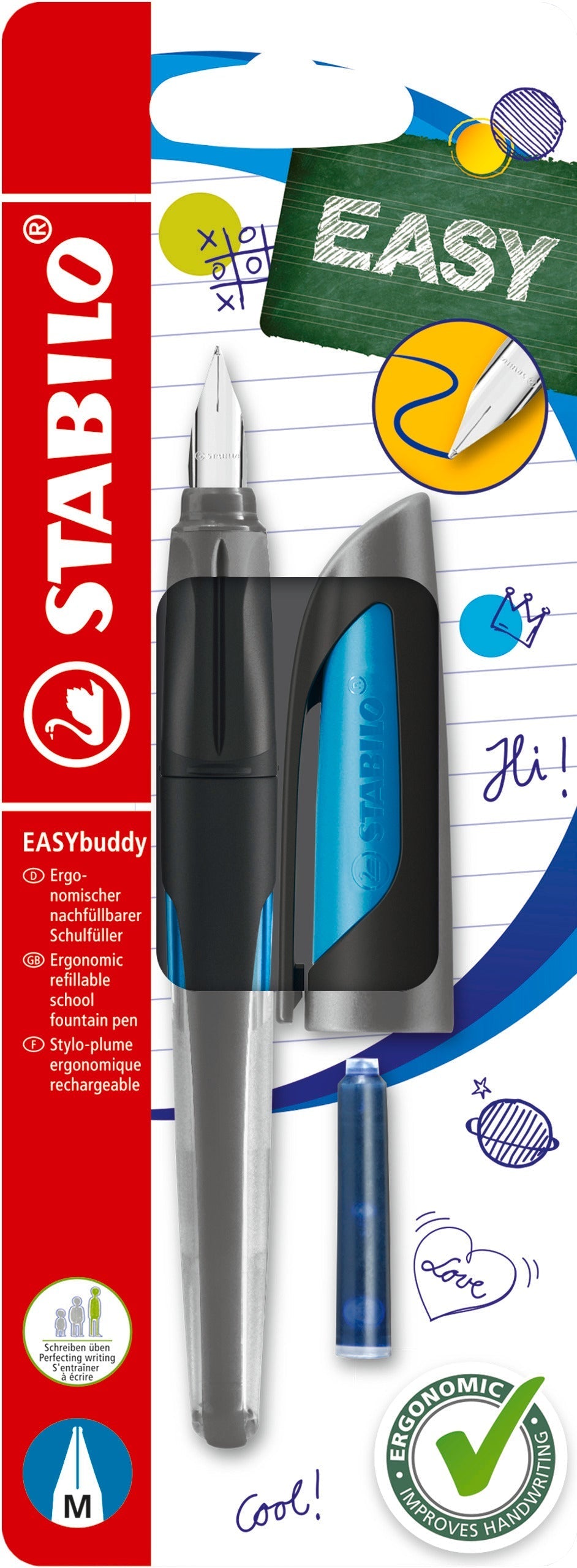 Stilou Stabilo EASYbuddy, M, black/light blue, 1 rezerva, blister