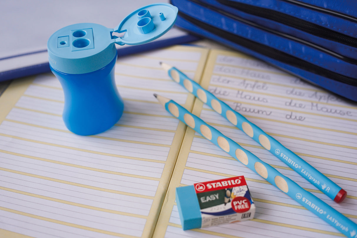 Creion grafit Stabilo EASYgraph, 3.15 mm, HB, ergonomic, pentru stangaci, ascutioare, radiera, blue, blister