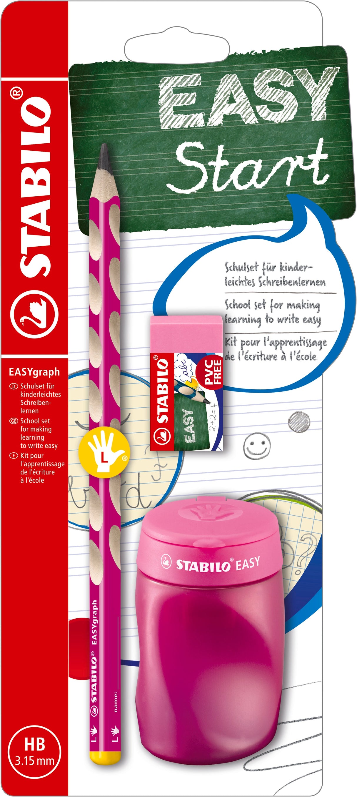 Creion grafit Stabilo EASYgraph, 3.15 mm, HB, ergonomic, pentru stangaci, ascutioare, radiera, pink, blister