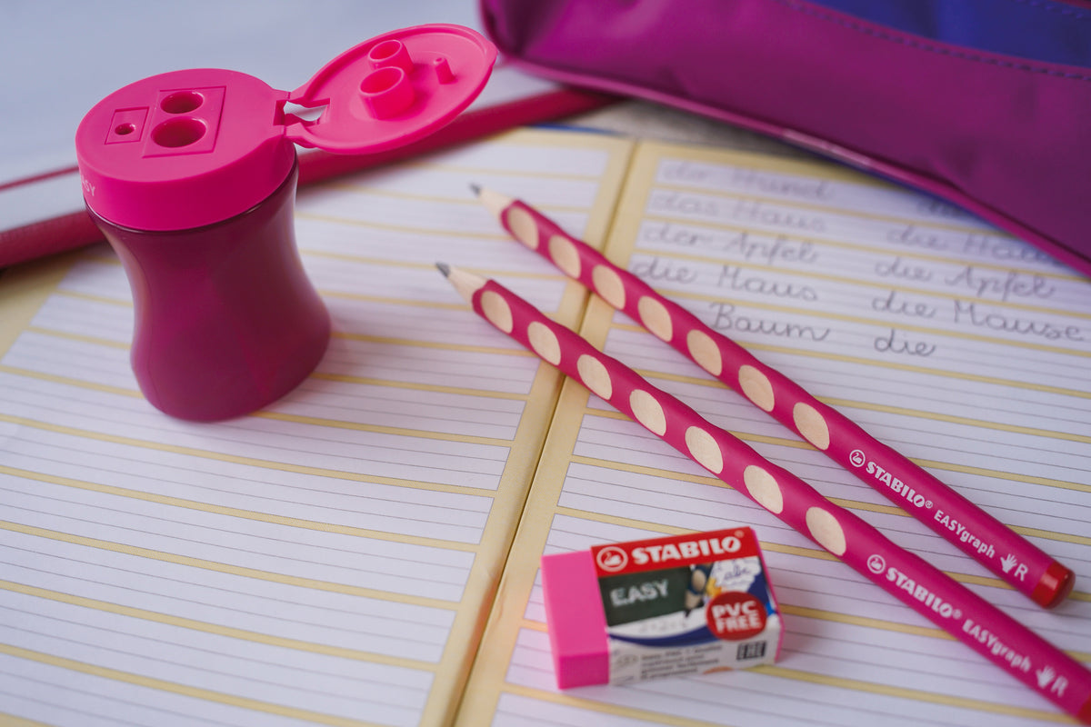 Creion grafit Stabilo EASYgraph, 3.15 mm, HB, ergonomic, pentru stangaci, ascutioare, radiera, pink, blister
