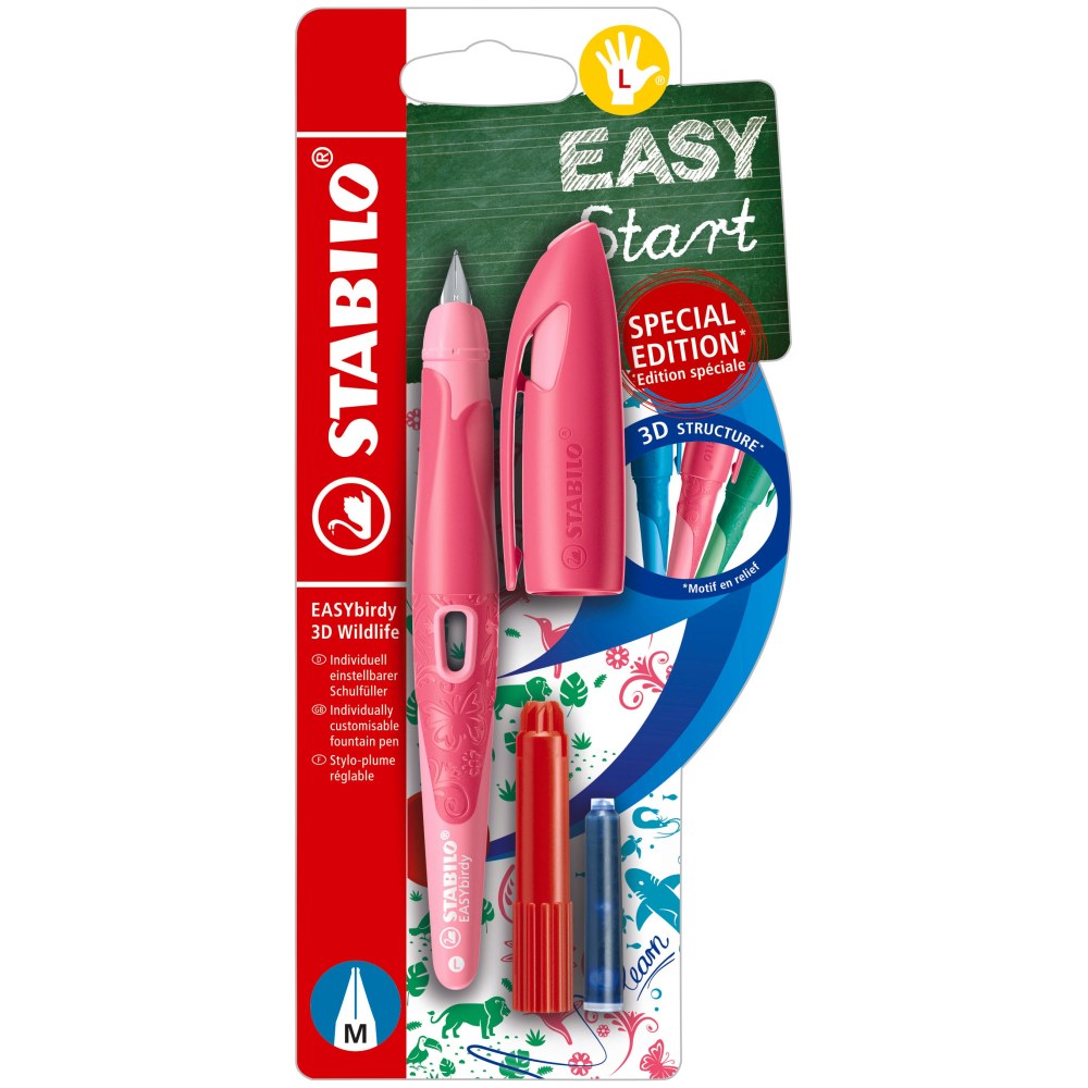 Stilou Stabilo EASYbirdy 3D Wildlife, M, pentru stangaci, roz, 1 rezerva, blister