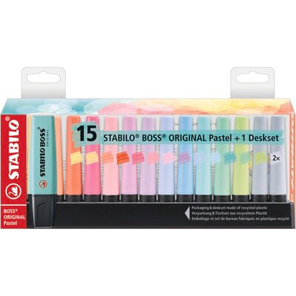 Textmarker Stabilo Boss Original Pastel, 15 culori / set, suport de birou