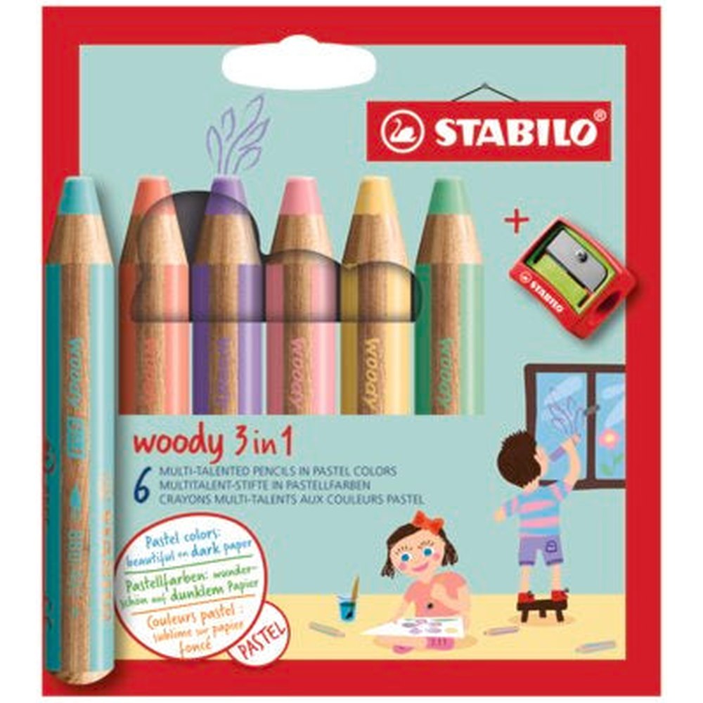Creioane colorate Stabilo woody 3 in 1, 10 mm, 6 culori pastelate / set, ascutitoare, etui carton