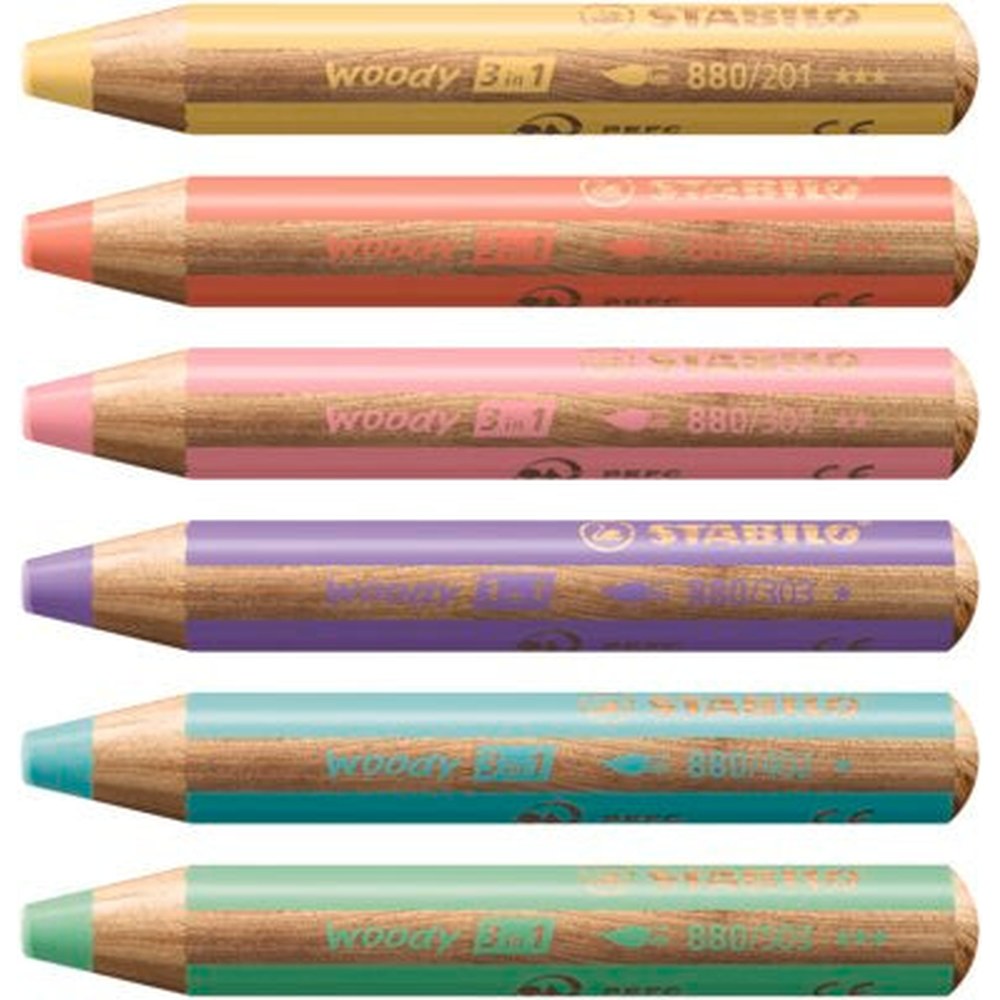 Creioane colorate Stabilo woody 3 in 1, 10 mm, 6 culori pastelate / set, ascutitoare, etui carton