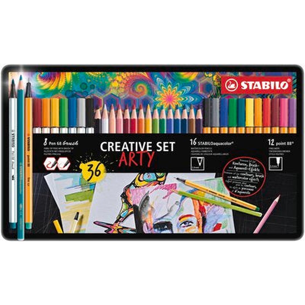 Stabilo Pen 68 Brush x 8 culori, Aquacolor x 16 culori, Point 88 x 12 culori, 36 bucati / set, cutie metalica Arty