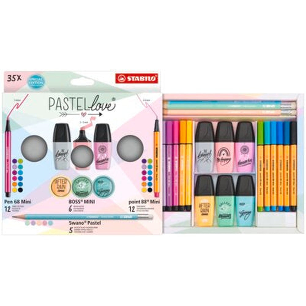 Stabilo Pen 68 mini x 12 culori, Point 88 mini x 12 culori, Boss Mini x 6 culori, Swano Pastel x 5, 35 bucati / set, etui carton