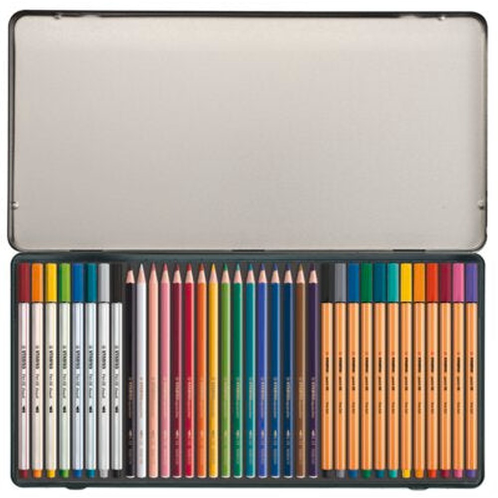 Stabilo Pen 68 Brush x 8 culori, Aquacolor x 16 culori, Point 88 x 12 culori, 36 bucati / set, cutie metalica Arty