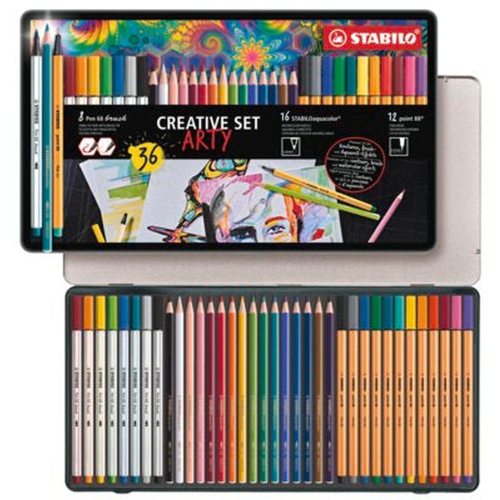 Stabilo Pen 68 Brush x 8 culori, Aquacolor x 16 culori, Point 88 x 12 culori, 36 bucati / set, cutie metalica Arty