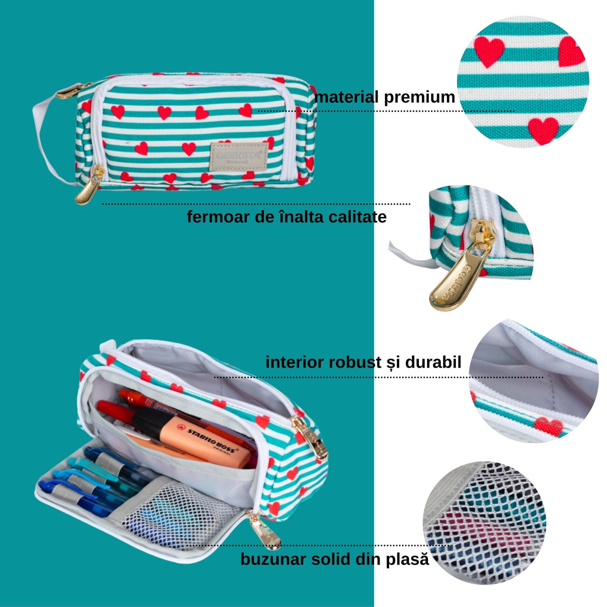 Penar Geeksta Design 5 linii turcoaz cu inimioare Penar Geeksta 