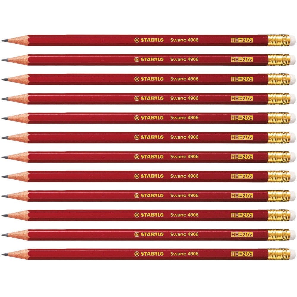 Creion grafit Stabilo Swano 4906, HB, cu radiera, coprt rosu, set 12 bucati Creioane grafit Stabilo 