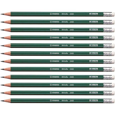 Creion grafit Stabilo Othello 2988, 2B, cu radiera, corp verde, set 12 bucati Creioane grafit Stabilo 