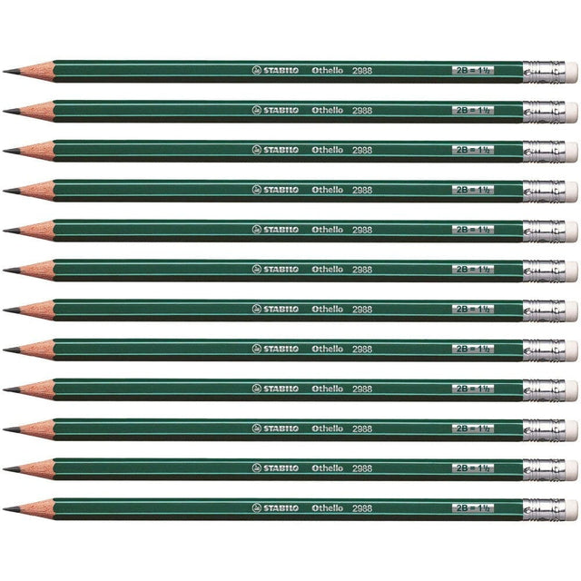 Creion grafit Stabilo Othello 2988, 2B, cu radiera, corp verde, set 12 bucati Creioane grafit Stabilo 
