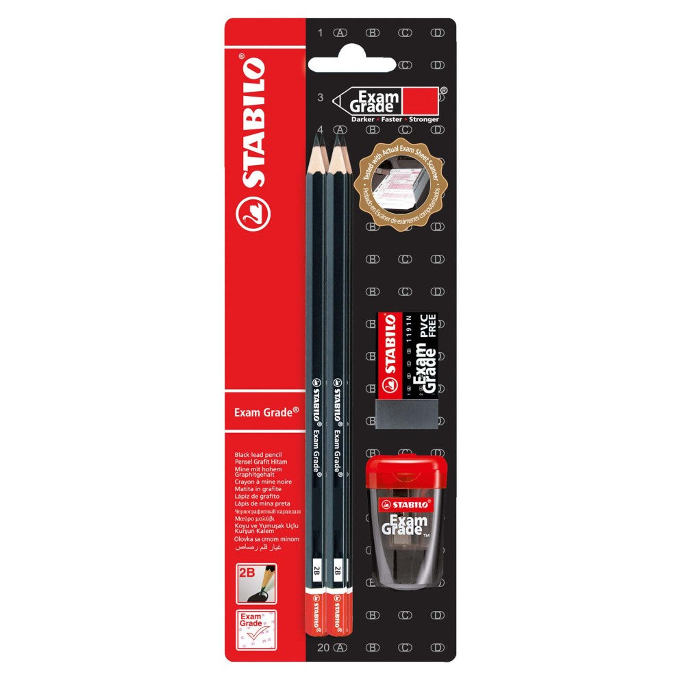Creion grafit Stabilo ExamGrade, set 4 creioane 2B, radiera fara PVC, ascutitoare, blister Creioane grafit Stabilo 