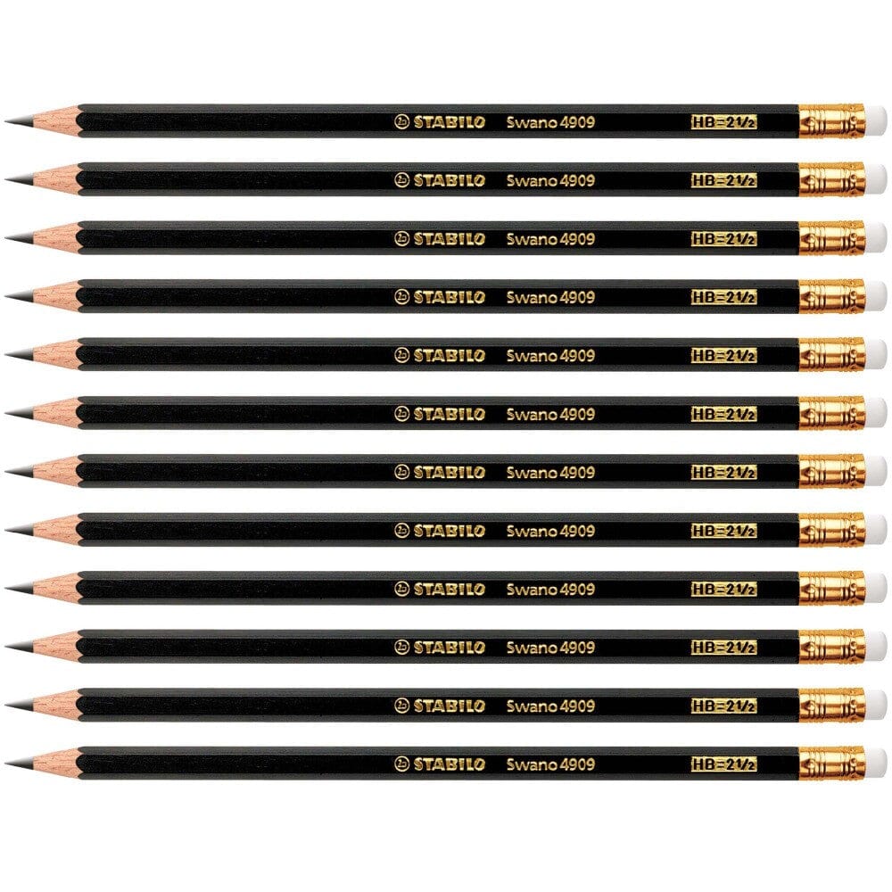 Creion grafit Stabilo Swano 4909 HB, cu radiera, corp negru, set 12 bucati Creioane grafit Stabilo 
