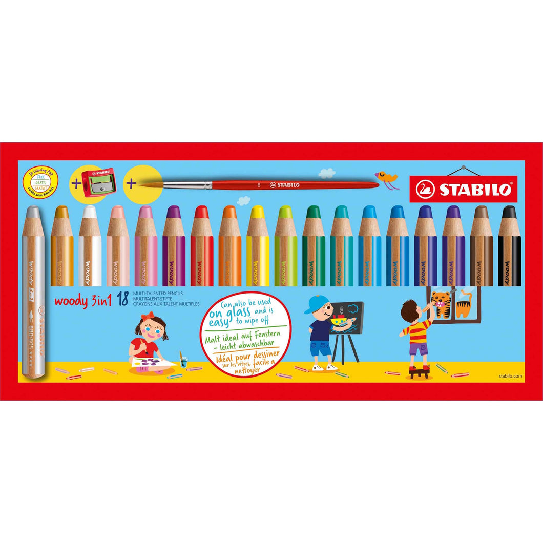 Creioane colorate Stabilo Woody 3-in-1 18 culori/set+ascutitoare+pensula Creioane colorate Stabilo 