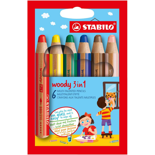 Creioane colorate Stabilo woody 3 in 1, 10 mm, 6 culori / set Creioane colorate Stabilo 