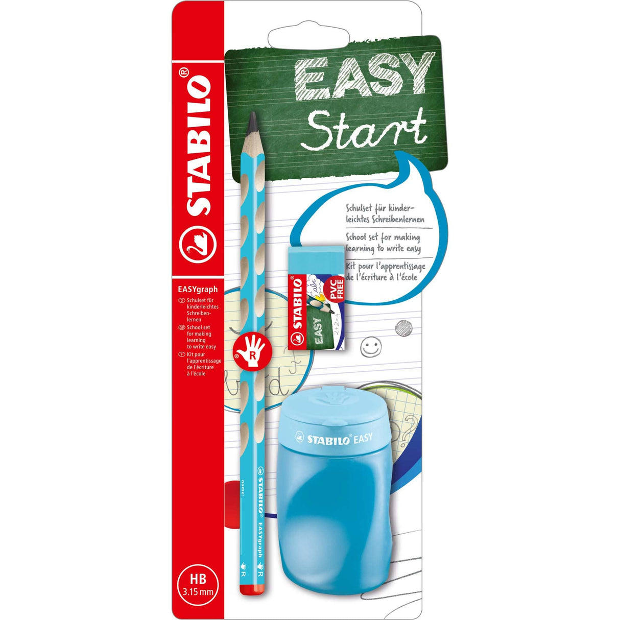Set Stabilo EASYgraph, creion grafit 3.15 mm, HB, ascutitoare, radiera fara PVC, pentru dreptaci, bleu Creioane grafit Stabilo 