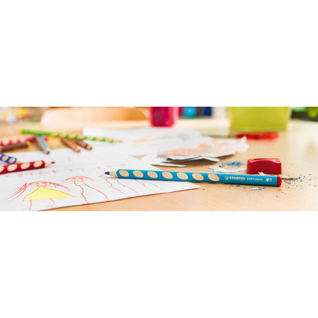 Creioane colorate Stabilo EasyColors, pentru stangaci, 6 culori/portofel carton Creioane colorate Stabilo 