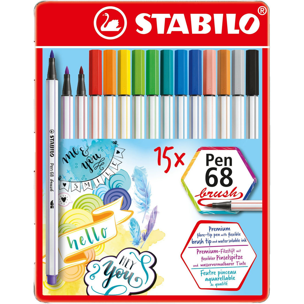 Carioca STABILO Pen 68 cu varf tip pensula 15 buc/cutie metalica Carioca Stabilo 