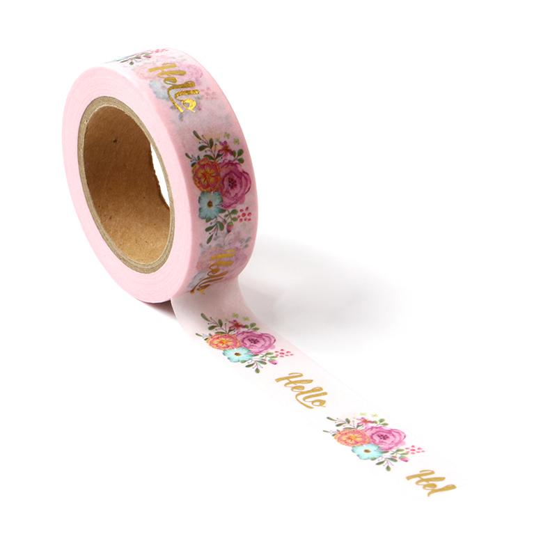 Banda Washi - Roz Pal Model Hello cu Flori Banda Washi Paperie.ro 